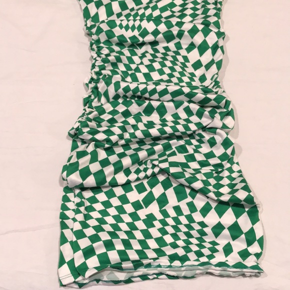 Dressed In LALA “Vibe Check Checkered Dress” Ruched Green White S - Picture 4 of 14